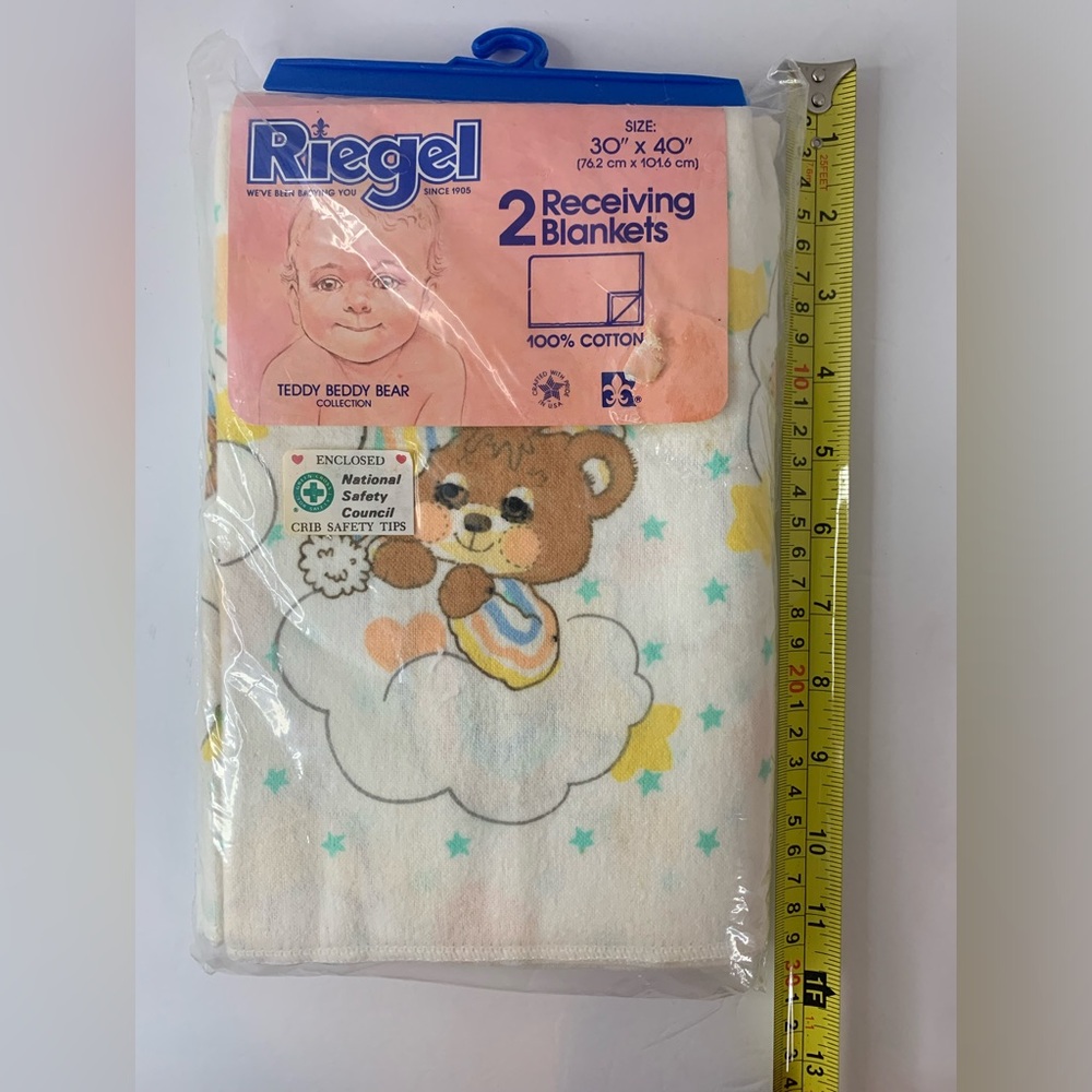 VTG 1985 RIEGEL Teddy Beddy Bear 2 Receiving Blankets 100% Cotton NOS